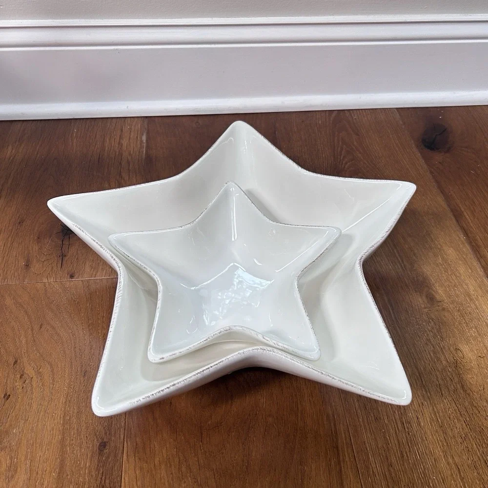 Pottery Barn Star Serving Bowl Dish White Rustic Trim Ceramic Stackable Set 2